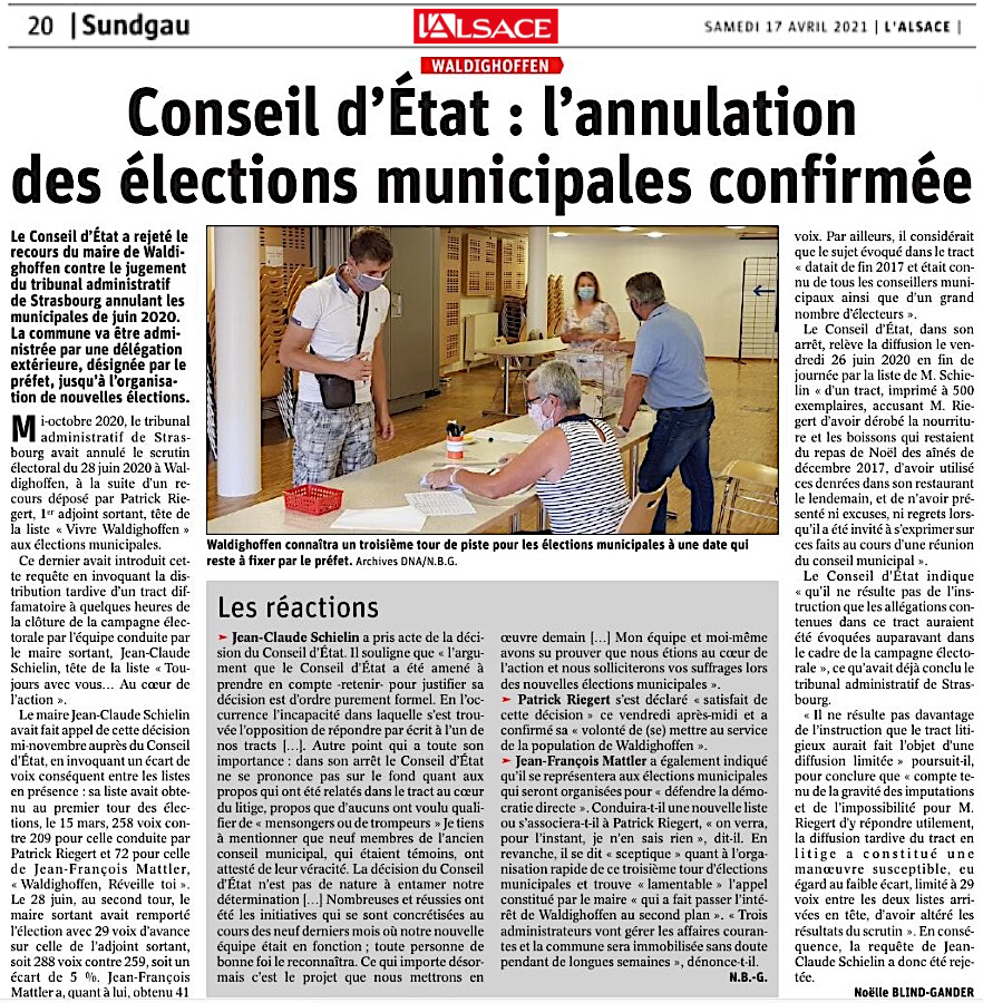Elections municipales 2020 annulées à Waldighoffen-article de l'Alsace