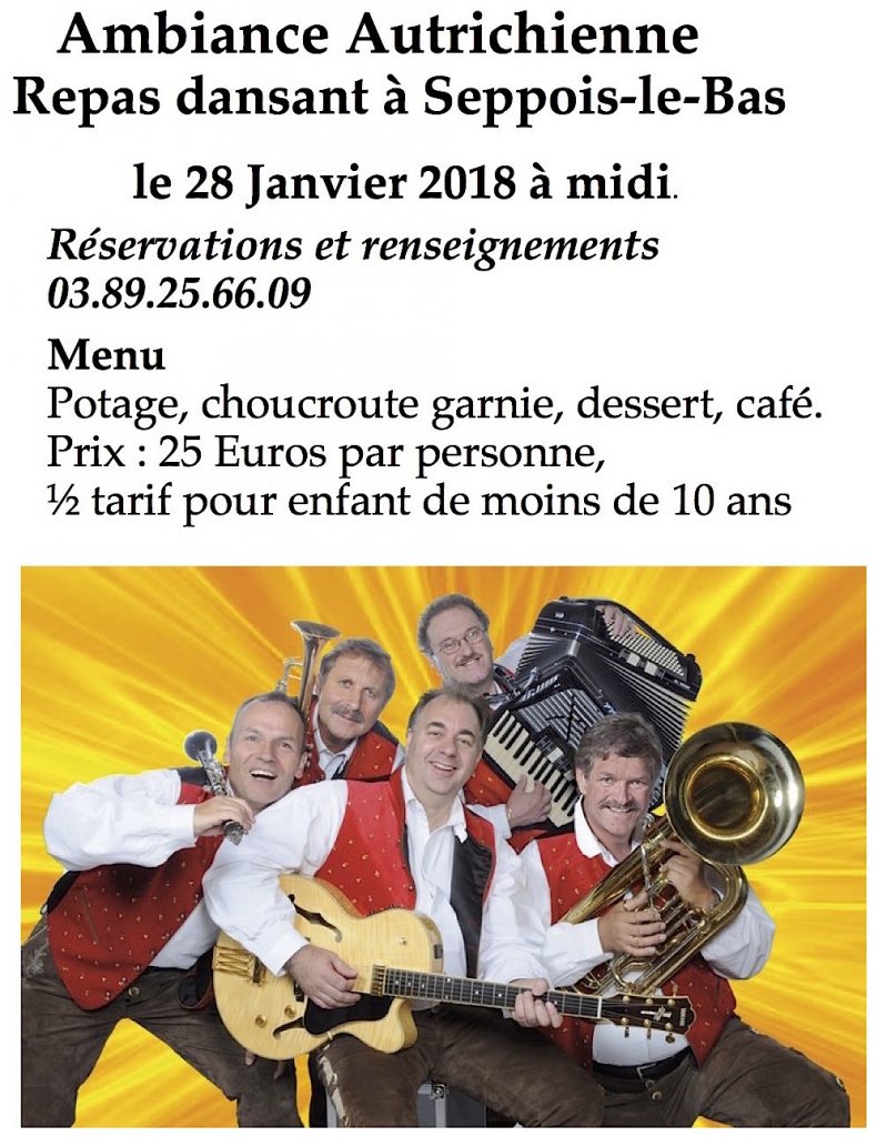 Publicité Repas Dansant du 28 janvier 2018 à Seppois-le Bas avec l'Asmepac pour les personnes âgées