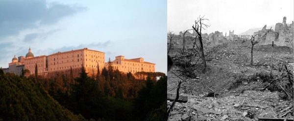 Monte Cassino après reconstruction et après destruction en février 44