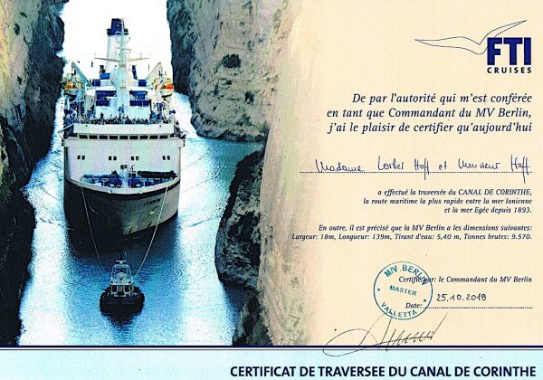 Notre certificat de traversée du Canal de Corinthe par le commandant du FTI Berlin